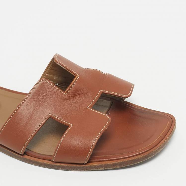 Pre Owned Hermes Brown Leather Oran Flat Slides Size 40