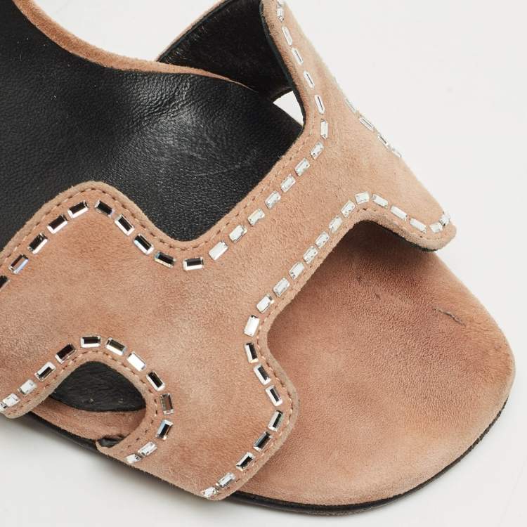 Pre Owned Hermes Beige Suede Crystal Embellished Heden Sandals Size 40
