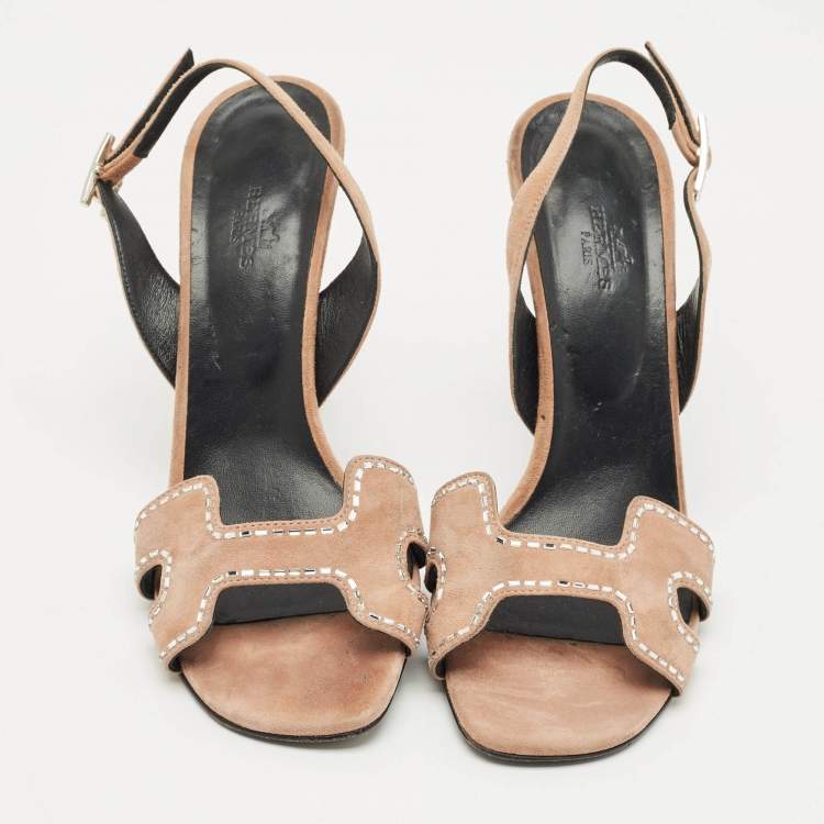 Pre Owned Hermes Beige Suede Crystal Embellished Heden Sandals Size 40