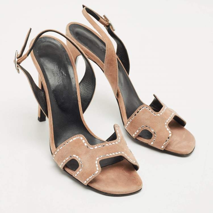 Pre Owned Hermes Beige Suede Crystal Embellished Heden Sandals Size 40