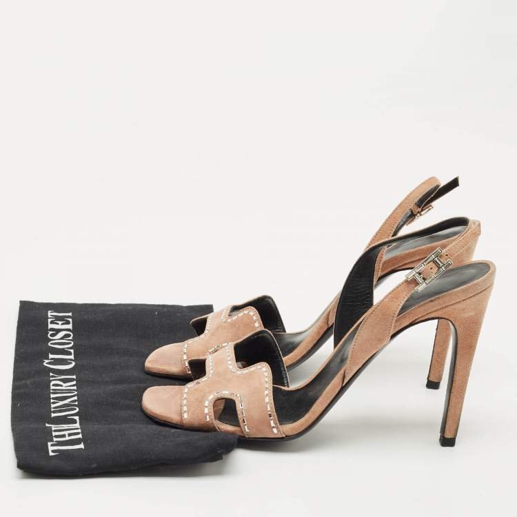 Pre Owned Hermes Beige Suede Crystal Embellished Heden Sandals Size 40
