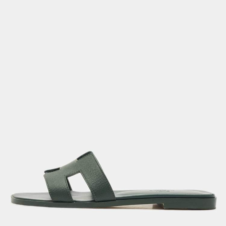 Pre Owned Hermes Dark Green Leather Oran Flat Slides Size 37