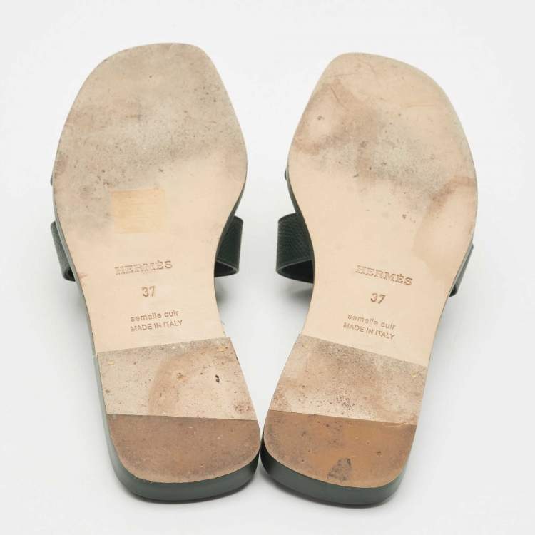 Pre Owned Hermes Dark Green Leather Oran Flat Slides Size 37