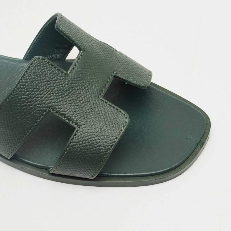 Pre Owned Hermes Dark Green Leather Oran Flat Slides Size 37
