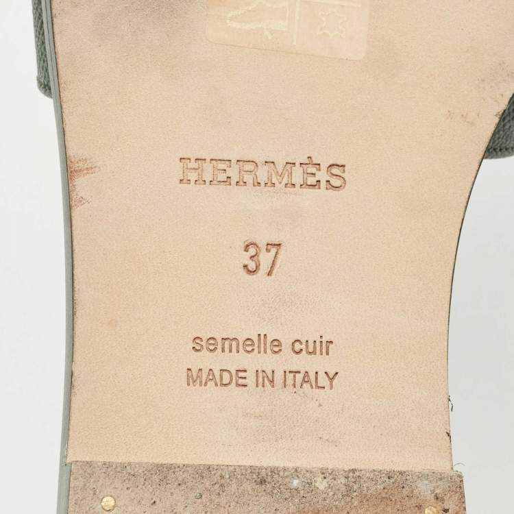 Pre Owned Hermes Dark Green Leather Oran Flat Slides Size 37