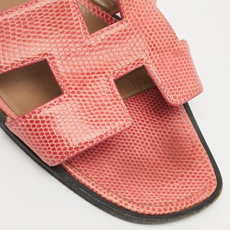 Pre Owned Hermès Pink Lizard Leather Oran Flat Slides Size 39