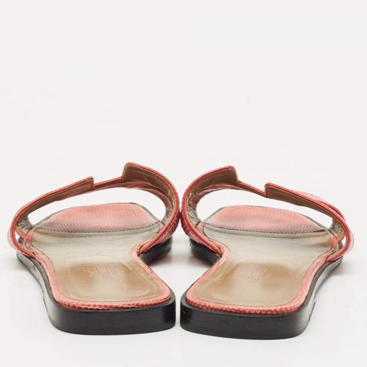 Pre Owned Hermès Pink Lizard Leather Oran Flat Slides Size 39
