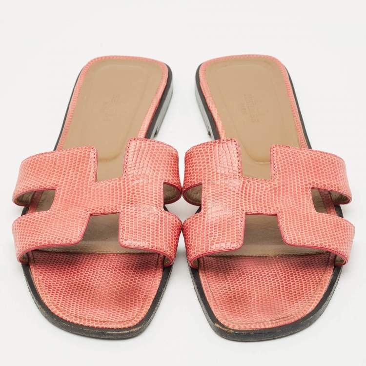 Pre Owned Hermès Pink Lizard Leather Oran Flat Slides Size 39