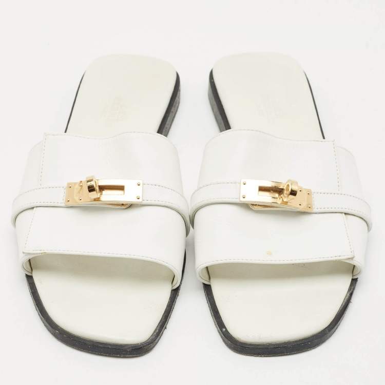 Pre Owned Hermès White Leather Giulia Flat Sandals Size 38.5