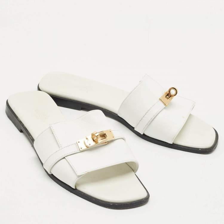 Pre Owned Hermès White Leather Giulia Flat Sandals Size 38.5