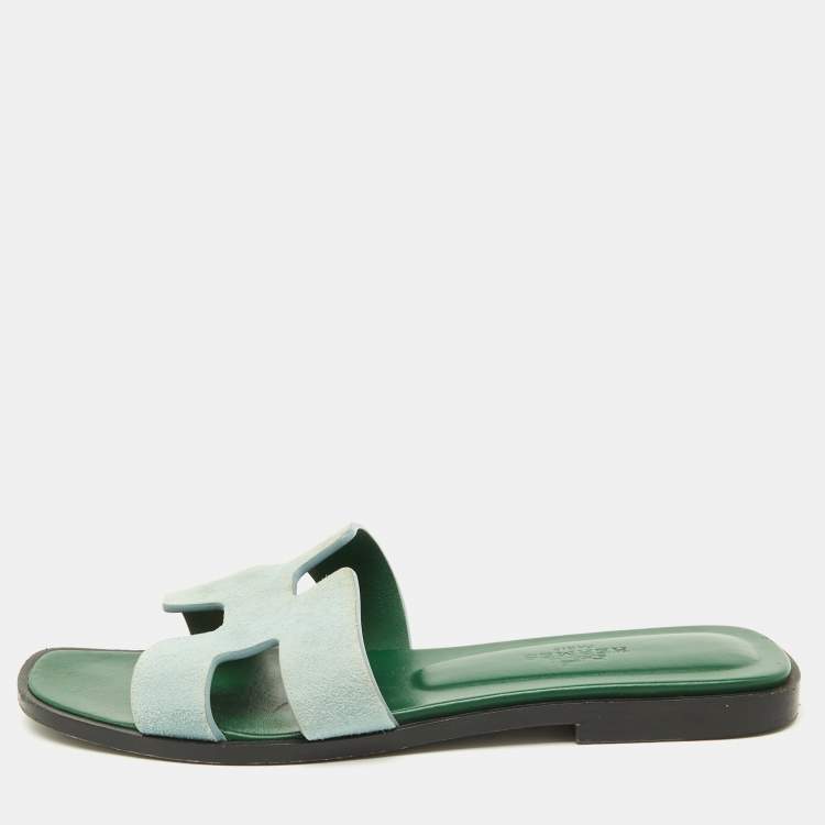 Pre Owned Hermes Green Leather Oran Flat Slides Size 35
