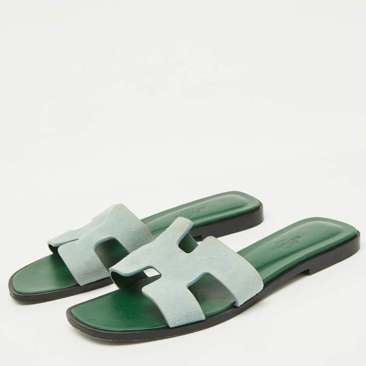Pre Owned Hermes Green Leather Oran Flat Slides Size 35