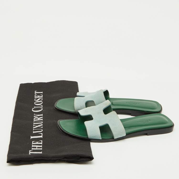 Pre Owned Hermes Green Leather Oran Flat Slides Size 35
