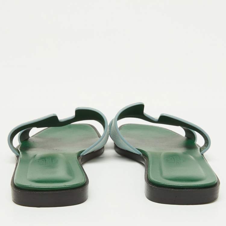 Pre Owned Hermes Green Leather Oran Flat Slides Size 35