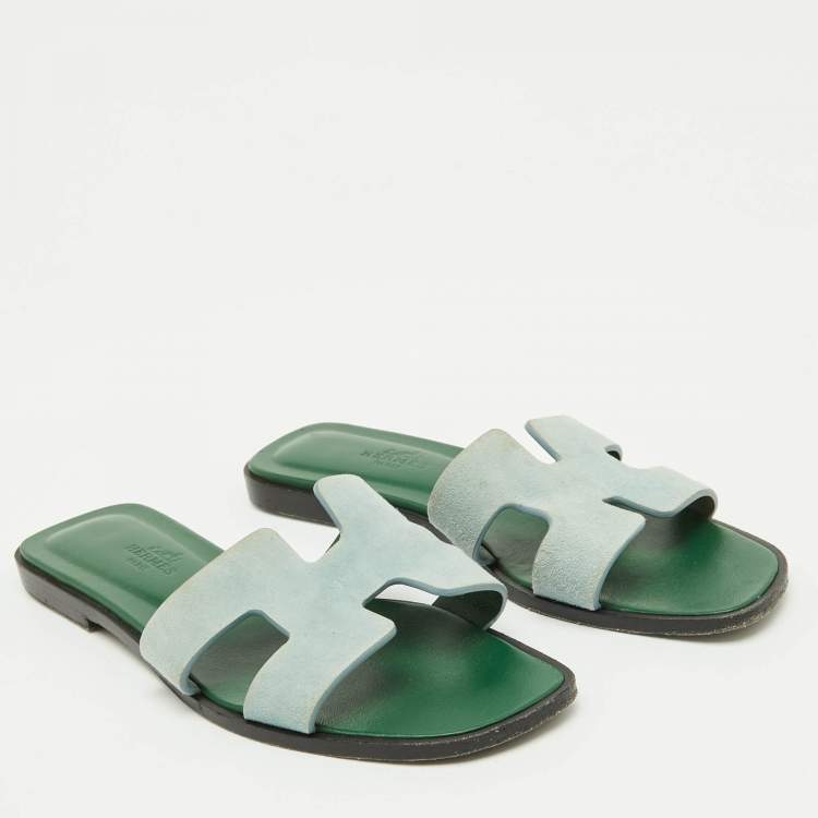 Pre Owned Hermes Green Leather Oran Flat Slides Size 35