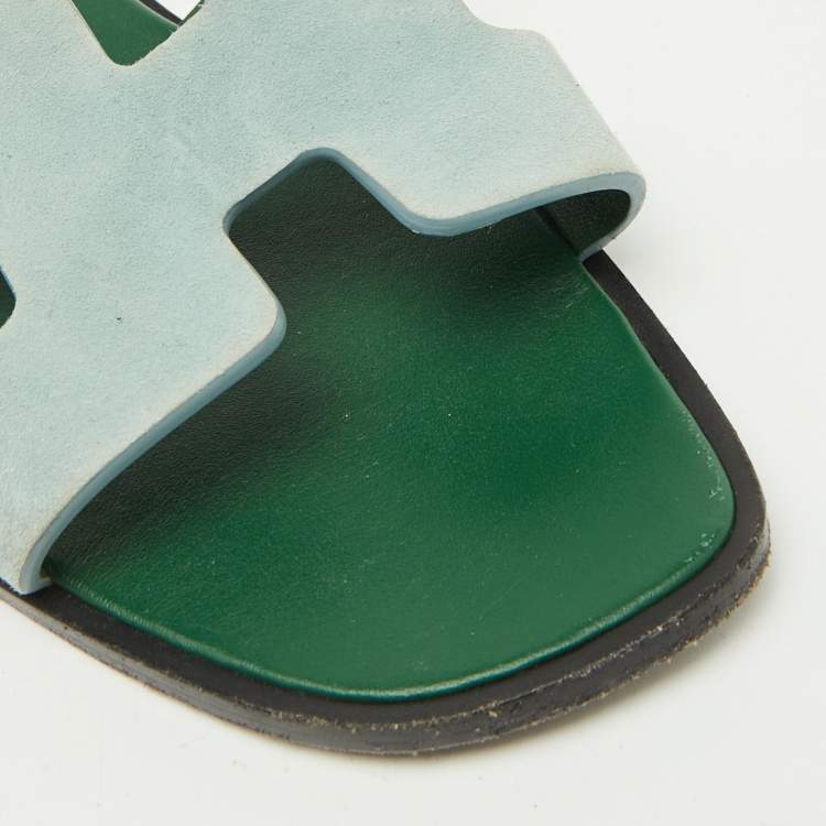 Pre Owned Hermes Green Leather Oran Flat Slides Size 35