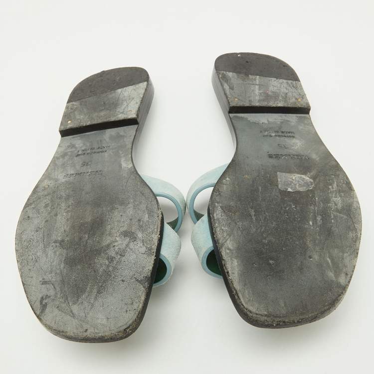 Pre Owned Hermes Green Leather Oran Flat Slides Size 35