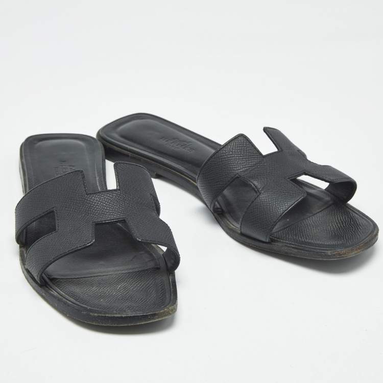 Pre Owned Hermes Black Leather Oran Flat Slide Sandals Size 38