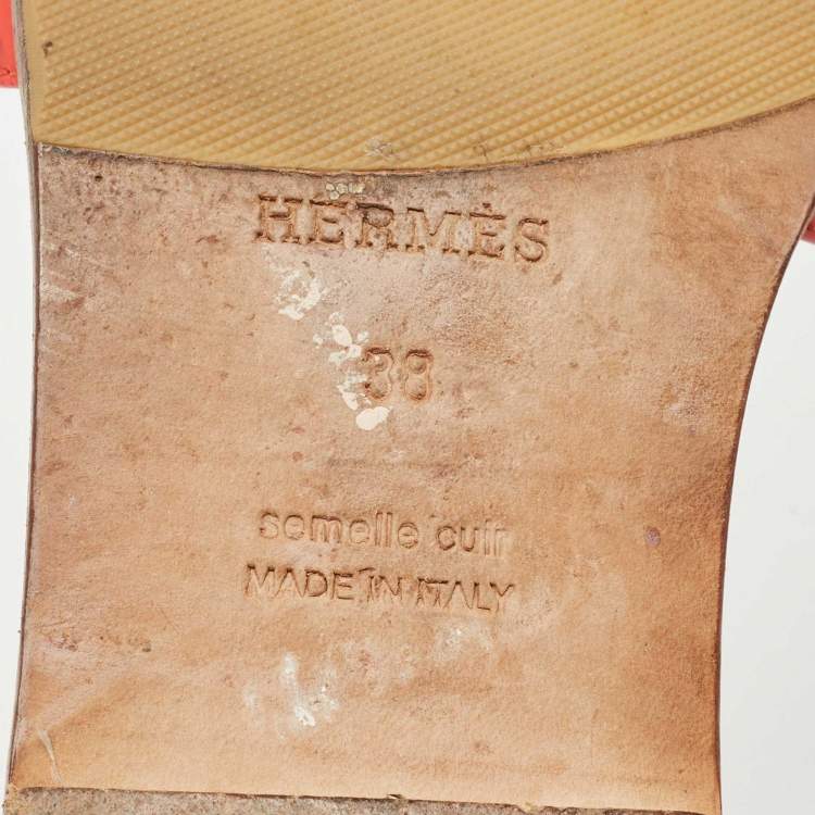 Pre Owned Hermes Orange Patent Oran Flat Slides Size 38