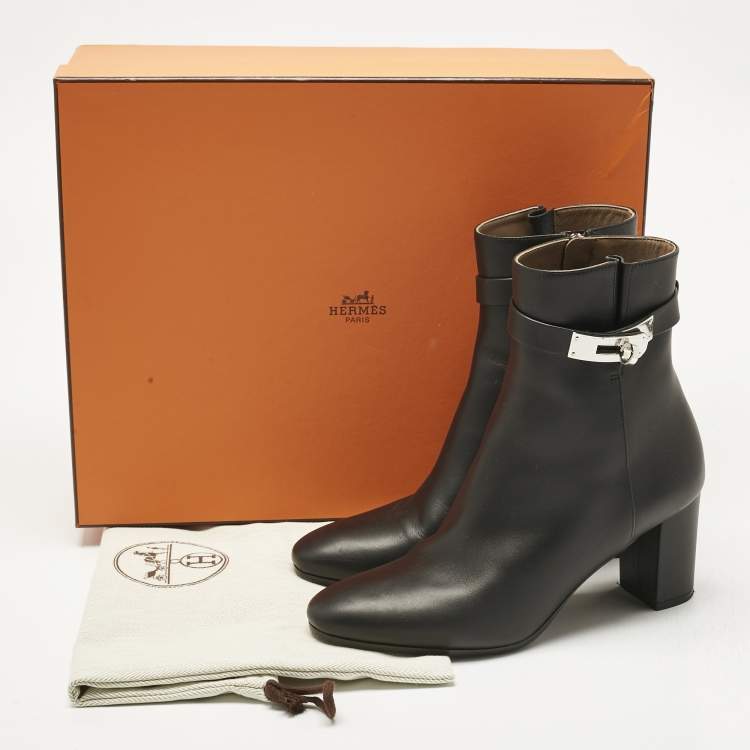 Pre Owned Hermes Black Leather Saint Germain Ankle Boots Size 37.5