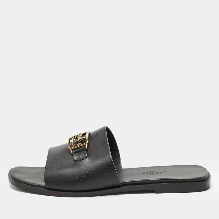 Pre Owned Hermes Black Leather Villa Flat Slides Size 37.5