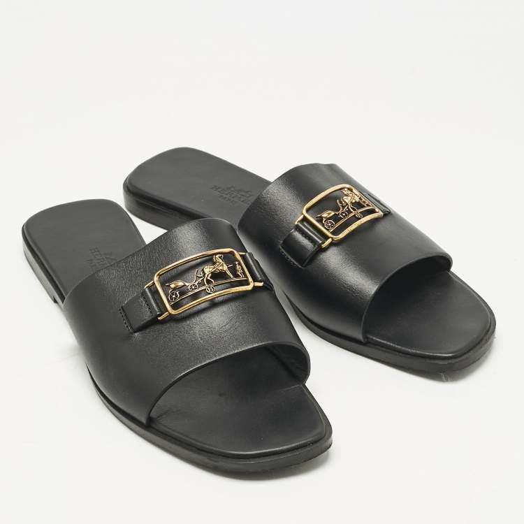 Pre Owned Hermes Black Leather Villa Flat Slides Size 37.5