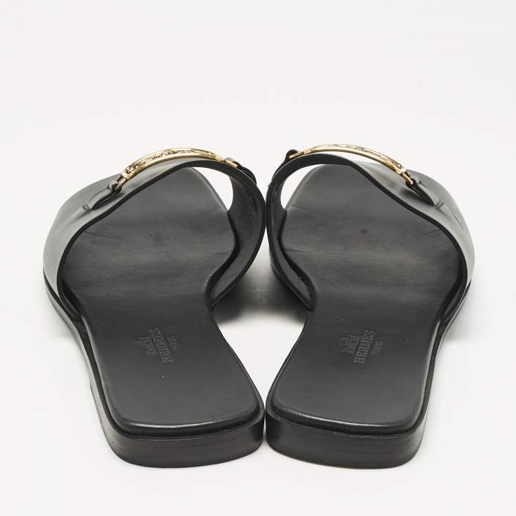 Pre Owned Hermes Black Leather Villa Flat Slides Size 37.5