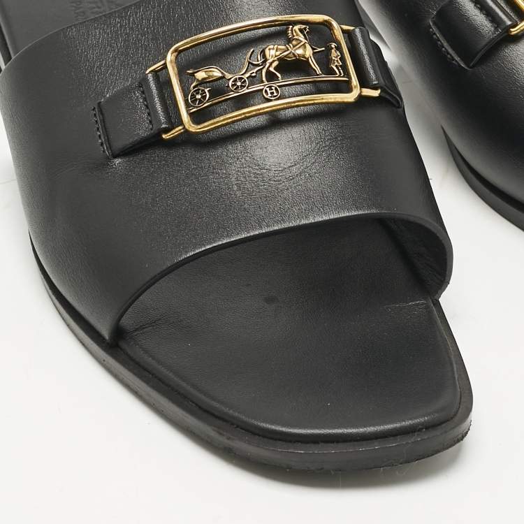 Pre Owned Hermes Black Leather Villa Flat Slides Size 37.5
