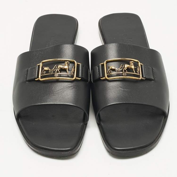 Pre Owned Hermes Black Leather Villa Flat Slides Size 37.5