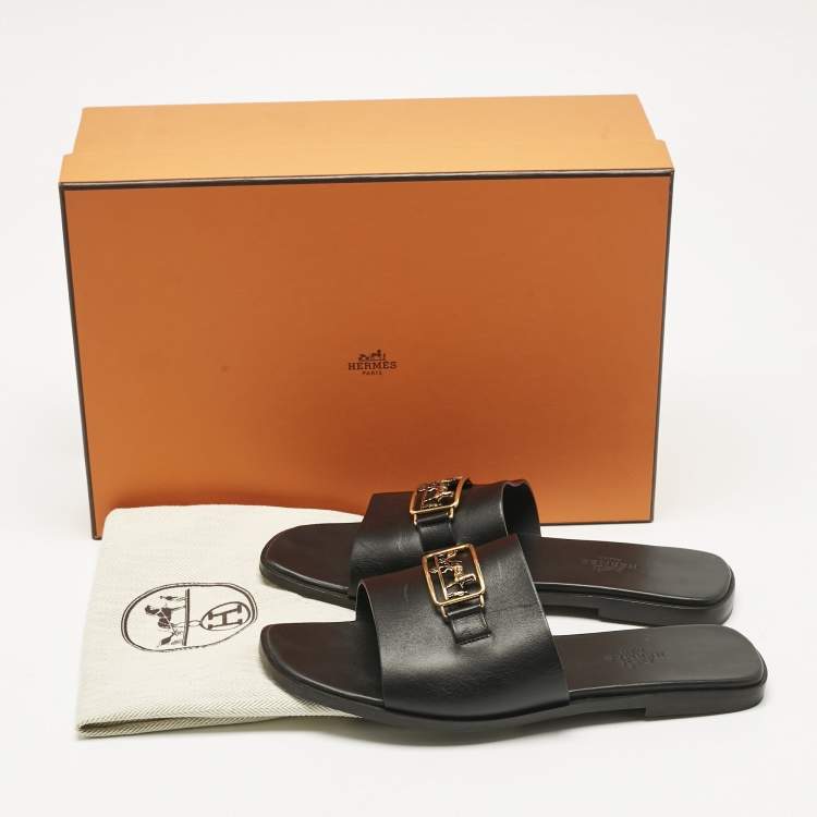 Pre Owned Hermes Black Leather Villa Flat Slides Size 37.5