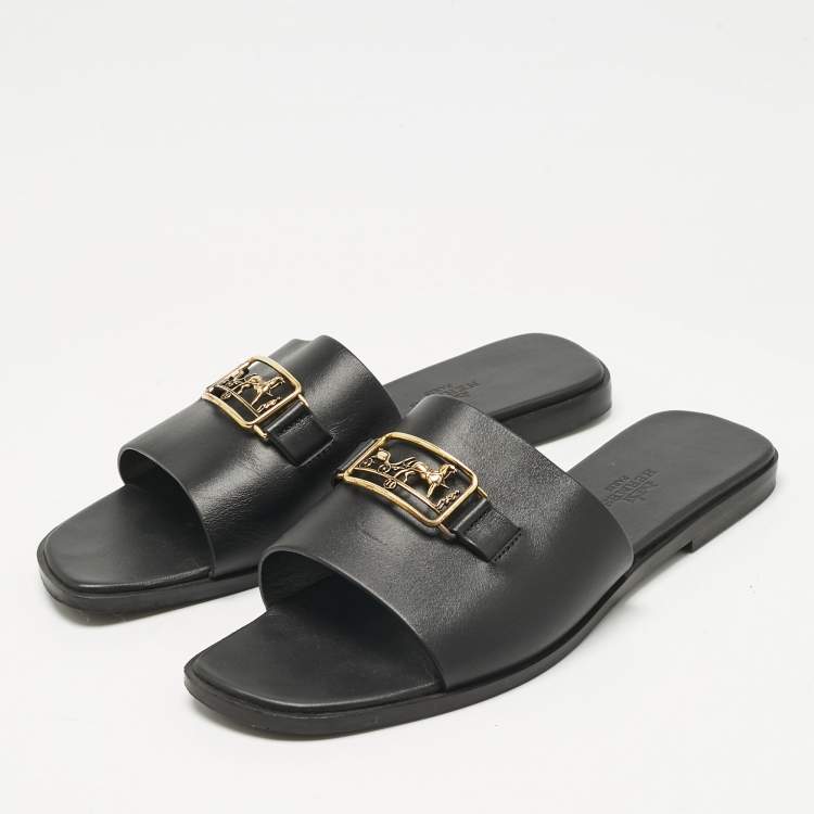 Pre Owned Hermes Black Leather Villa Flat Slides Size 37.5