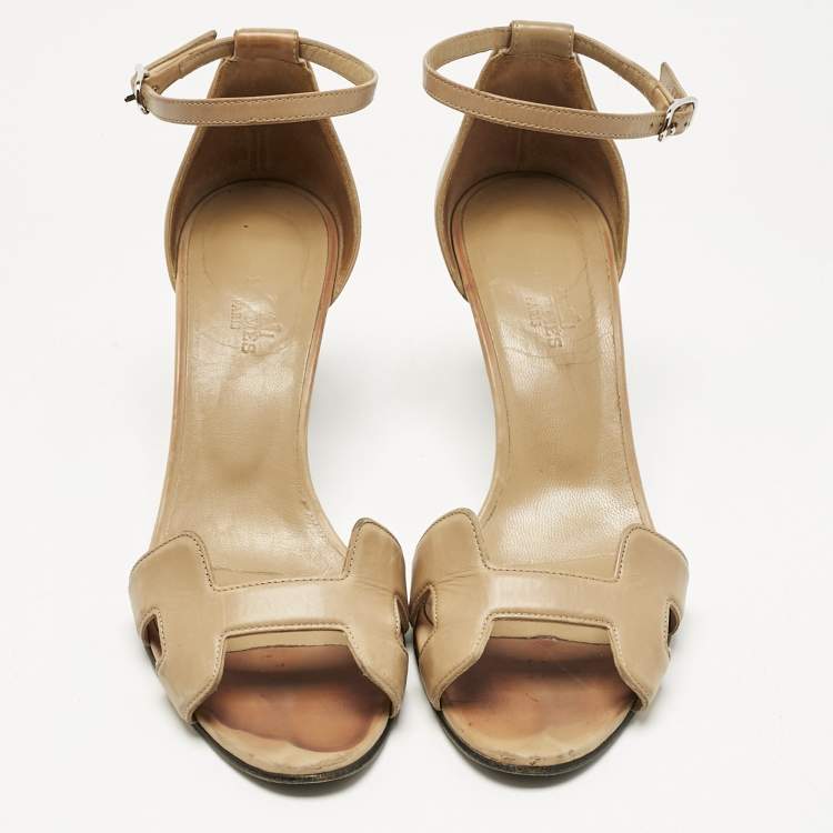 Pre Owned Hermes Beige Leather Premiere Ankle Strap Sandals Size 38