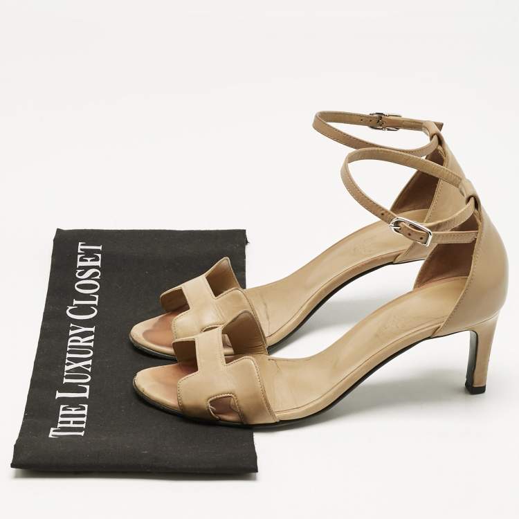 Pre Owned Hermes Beige Leather Premiere Ankle Strap Sandals Size 38