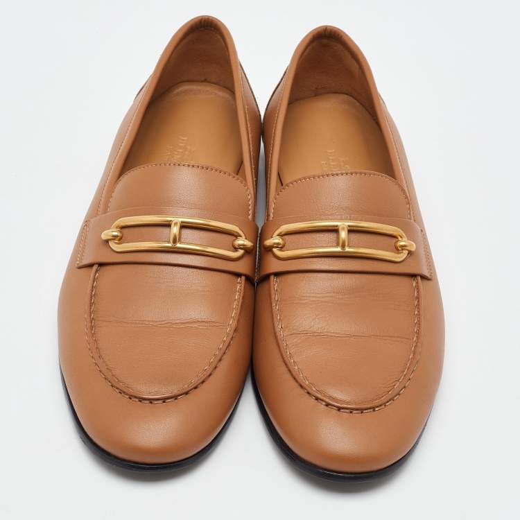 Pre Owned Hermes Brown Leather Colette Slip On Loafers Size 40