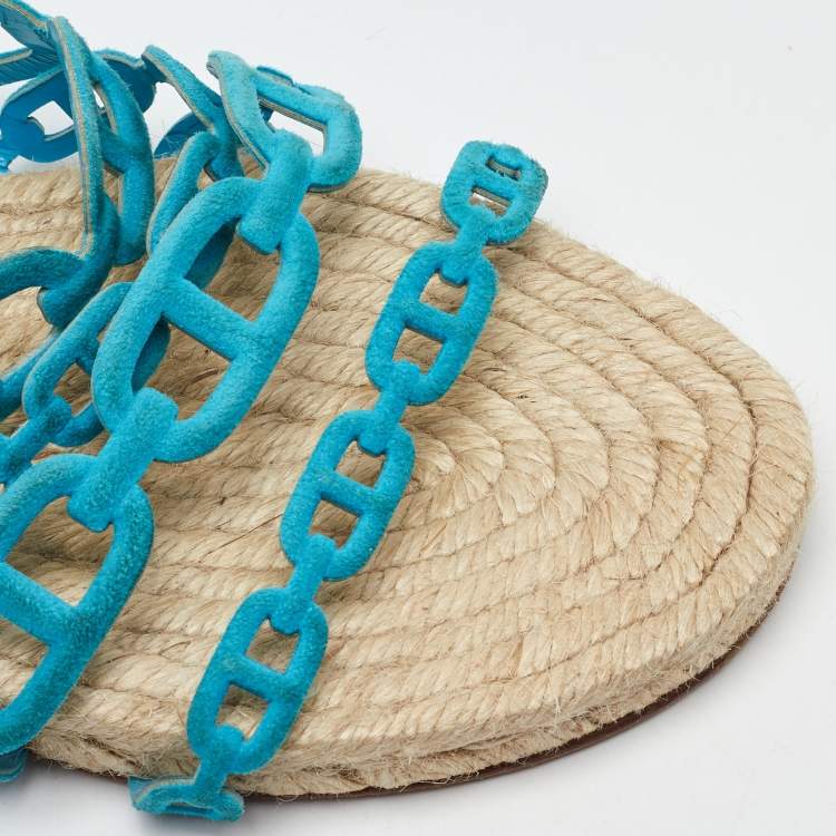 Pre Owned Hermes Blue Suede Thalassa Espadrille Flat Sandals Size 40