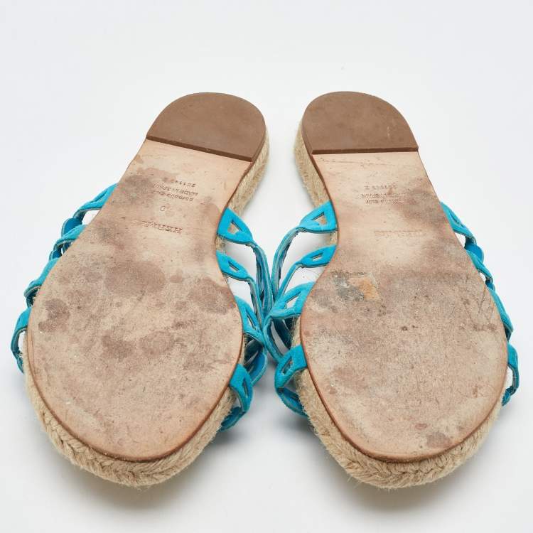Pre Owned Hermes Blue Suede Thalassa Espadrille Flat Sandals Size 40