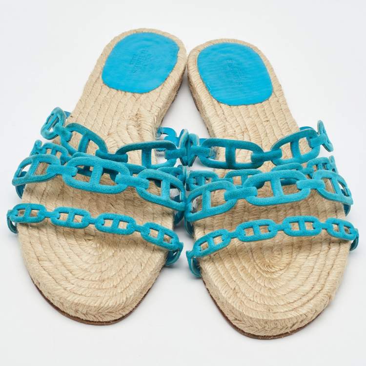 Pre Owned Hermes Blue Suede Thalassa Espadrille Flat Sandals Size 40