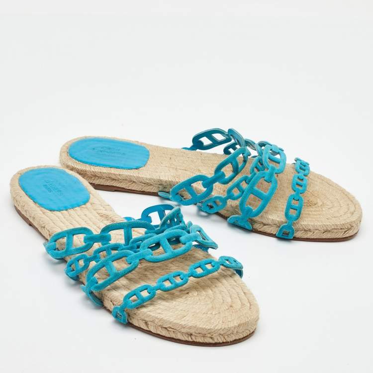Pre Owned Hermes Blue Suede Thalassa Espadrille Flat Sandals Size 40