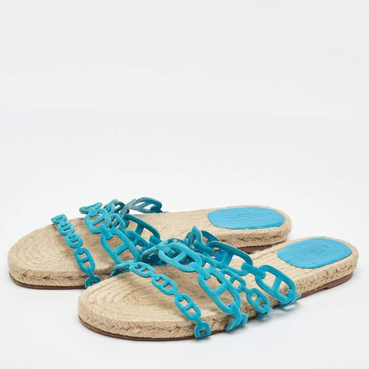 Pre Owned Hermes Blue Suede Thalassa Espadrille Flat Sandals Size 40