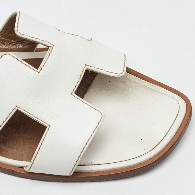 Pre Owned Hermes White Leather Oran Flat Slide Sandals Size 38