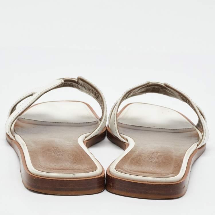 Pre Owned Hermes White Leather Oran Flat Slide Sandals Size 38