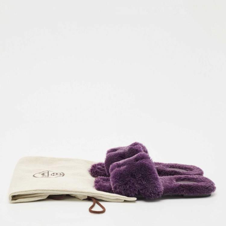 Pre Owned Hermes Purple Shearling Fur Oran Flat Sandals Size 38
