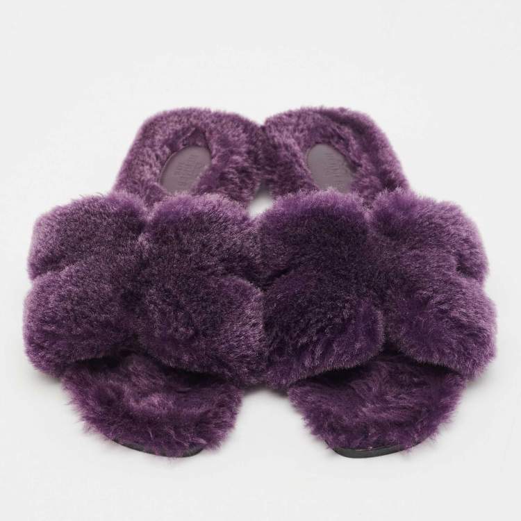 Pre Owned Hermes Purple Shearling Fur Oran Flat Sandals Size 38