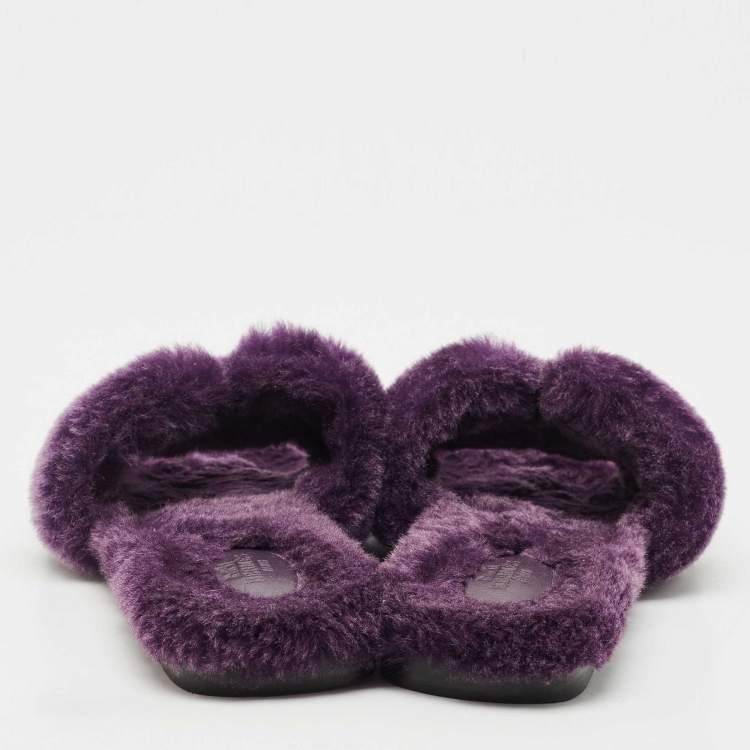 Pre Owned Hermes Purple Shearling Fur Oran Flat Sandals Size 38
