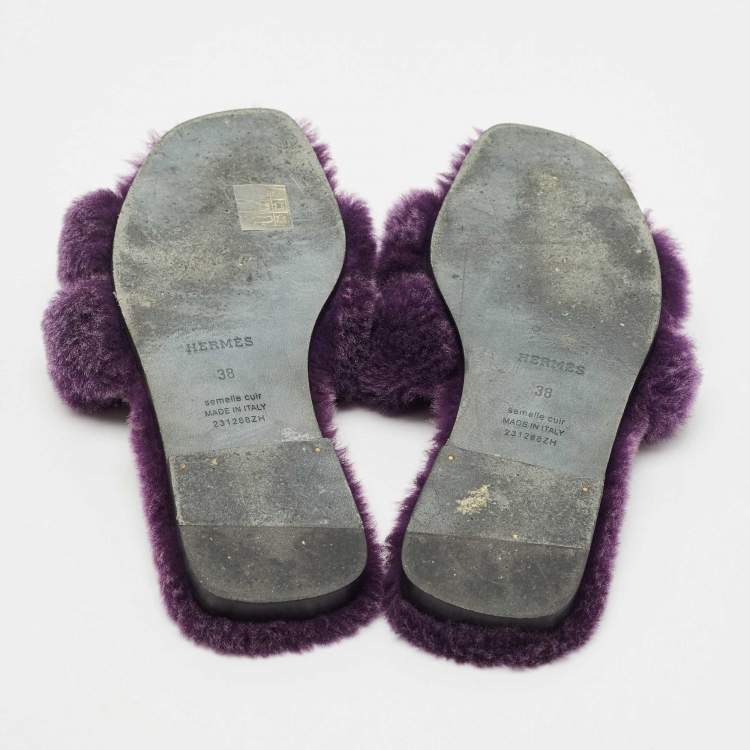 Pre Owned Hermes Purple Shearling Fur Oran Flat Sandals Size 38