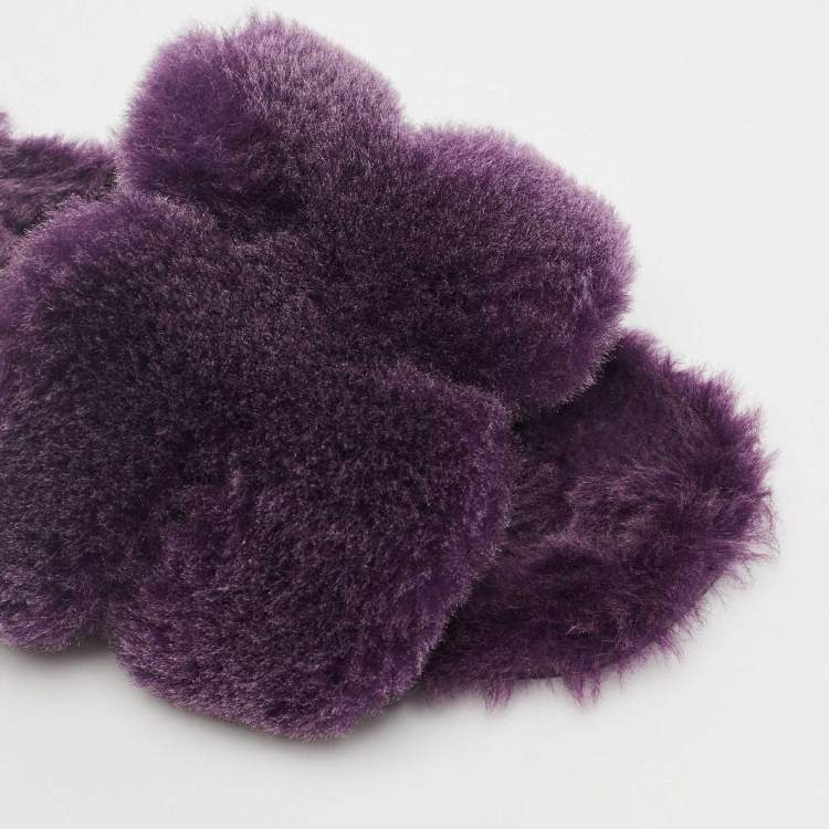 Pre Owned Hermes Purple Shearling Fur Oran Flat Sandals Size 38
