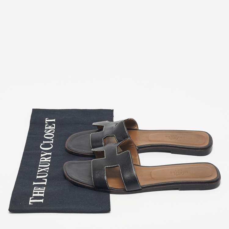 Pre Owned Hermes Black Leather Oran Flat Slide Sandals Size 39