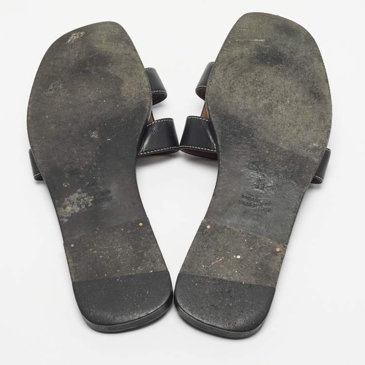Pre Owned Hermes Black Leather Oran Flat Slide Sandals Size 39
