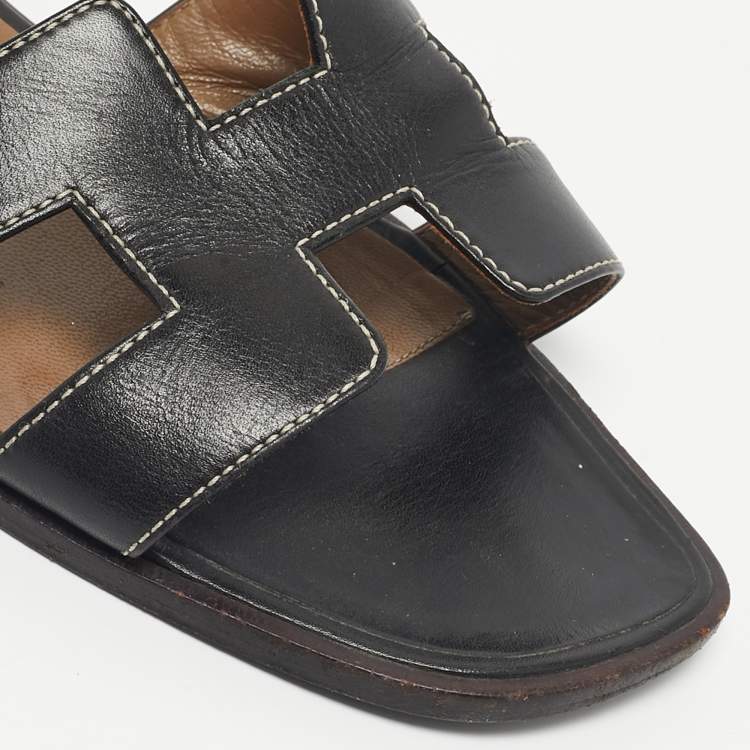 Pre Owned Hermes Black Leather Oran Flat Slide Sandals Size 39