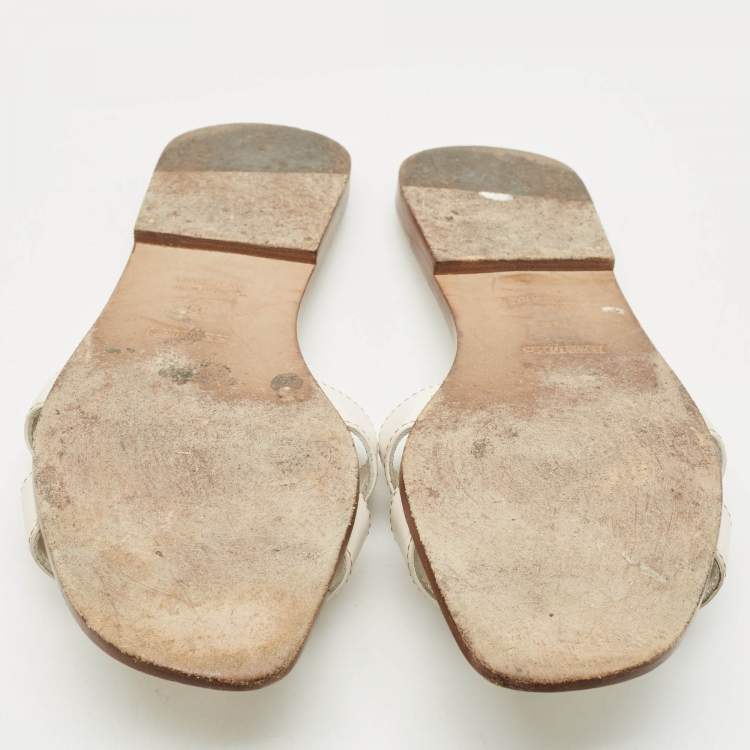 Pre Owned Hermes White Leather Oran Flat Slides Size 39